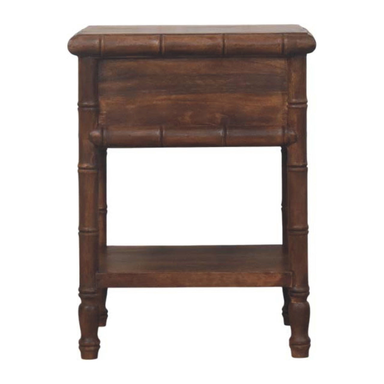 Solid Wood Bedside Table with Drawer and Shelf, Bamboo Carved