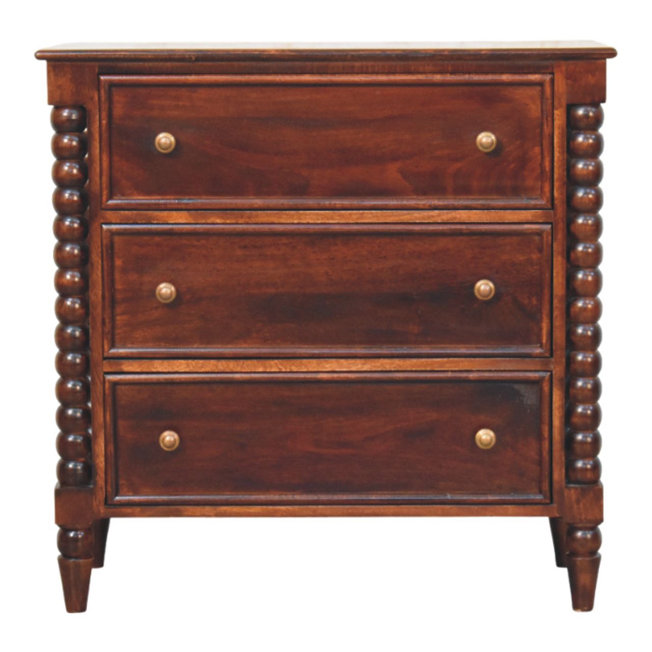 Spindle Winewood 3 Drawer Chest in Solid Wood - Handmade Vintage Elegance
