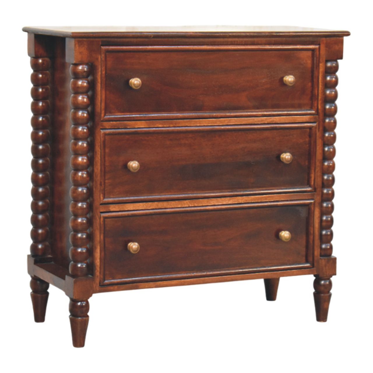 Spindle Winewood 3 Drawer Chest in Solid Wood - Handmade Vintage Elegance