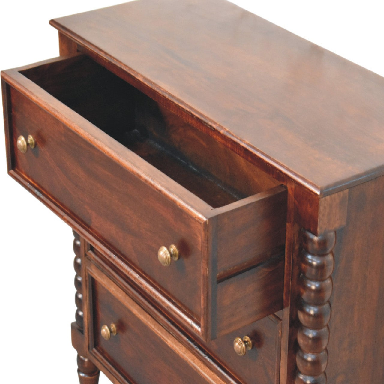 Spindle Winewood 3 Drawer Chest in Solid Wood - Handmade Vintage Elegance