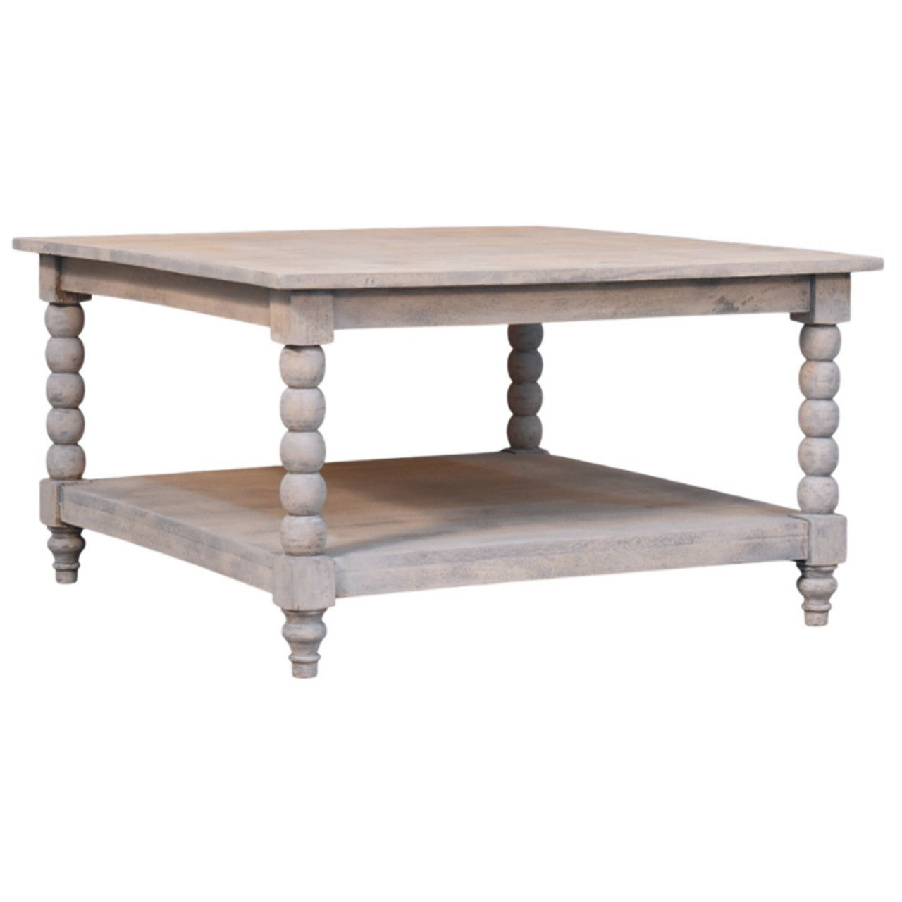 Spindle Acid Wash Coffee Table – 80cm Square Solid Mango Wood Centre Table with Carved Legs