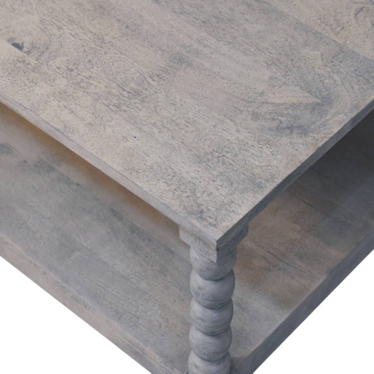 Spindle Acid Wash Coffee Table – 80cm Square Solid Mango Wood Centre Table with Carved Legs