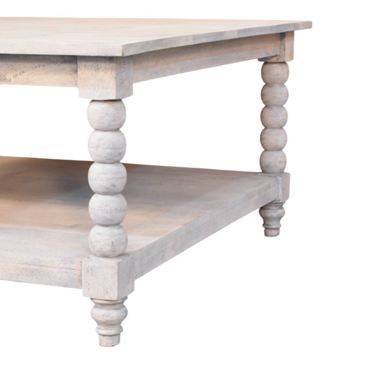 Spindle Acid Wash Coffee Table – 80cm Square Solid Mango Wood Centre Table with Carved Legs