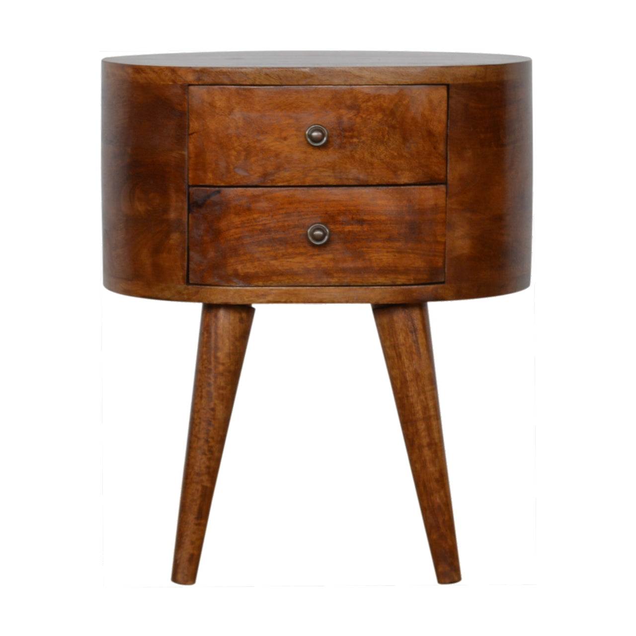 Chestnut Rounded Bedside Table with 2 Drawer, Handmade Solid Wood, Modern Design