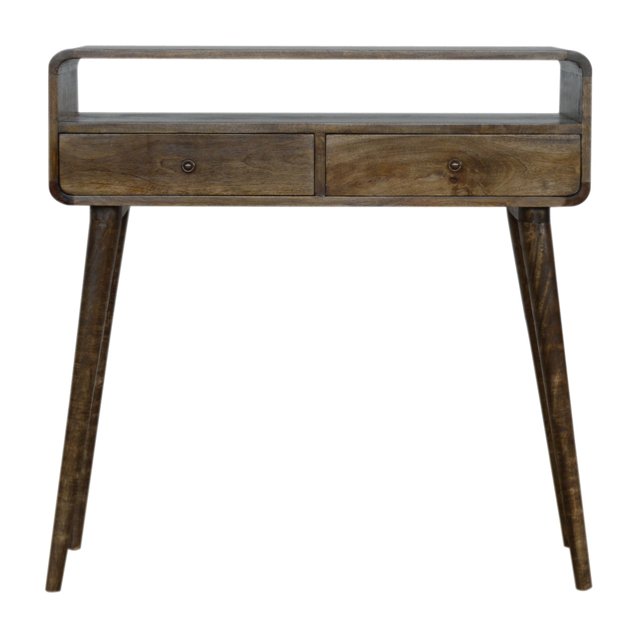 Curved Grey-Wash Console Table with 2 Drawers and Open Shelf, Handmade Solid Wood, Nordic Style