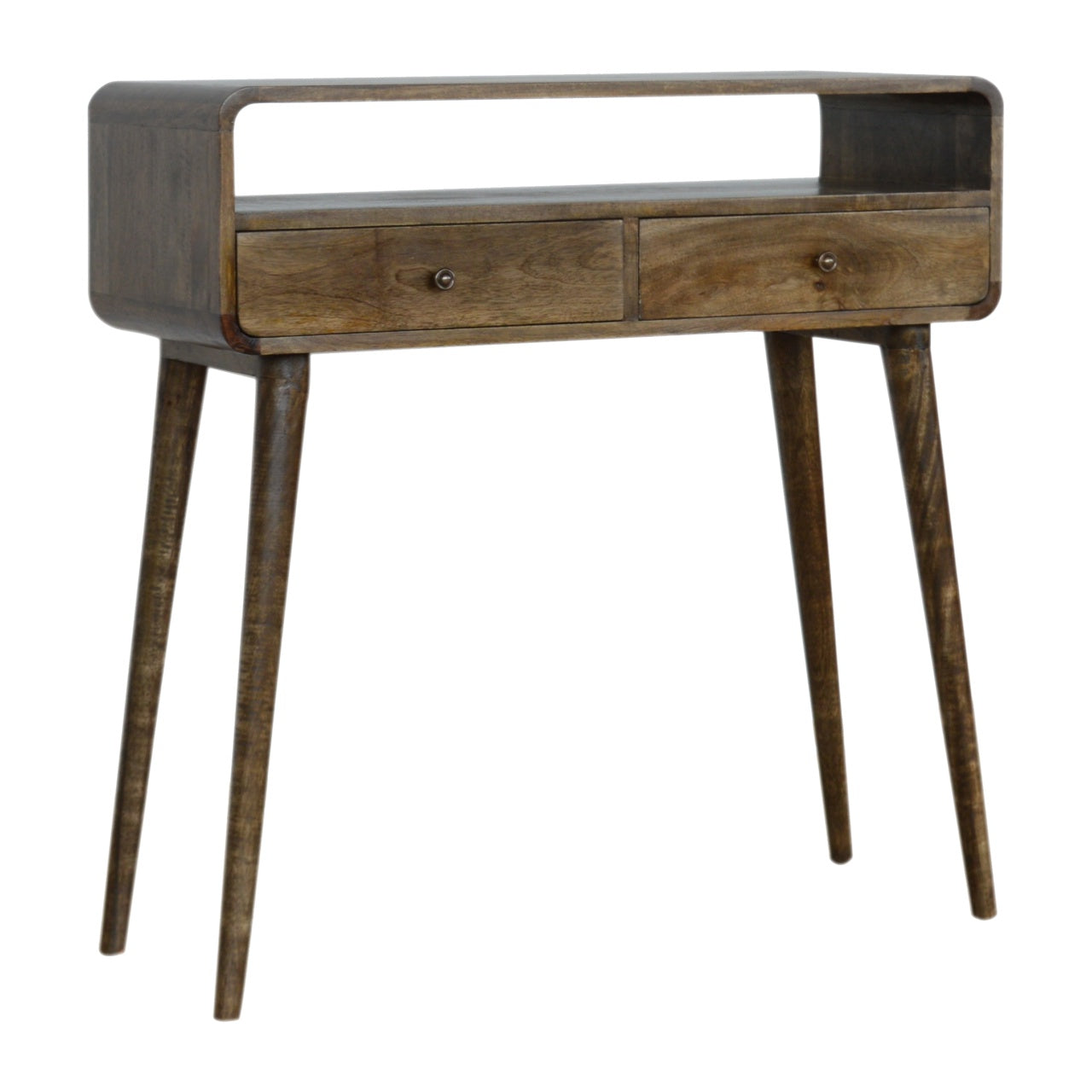 Curved Grey-Wash Console Table with 2 Drawers and Open Shelf, Handmade Solid Wood, Nordic Style