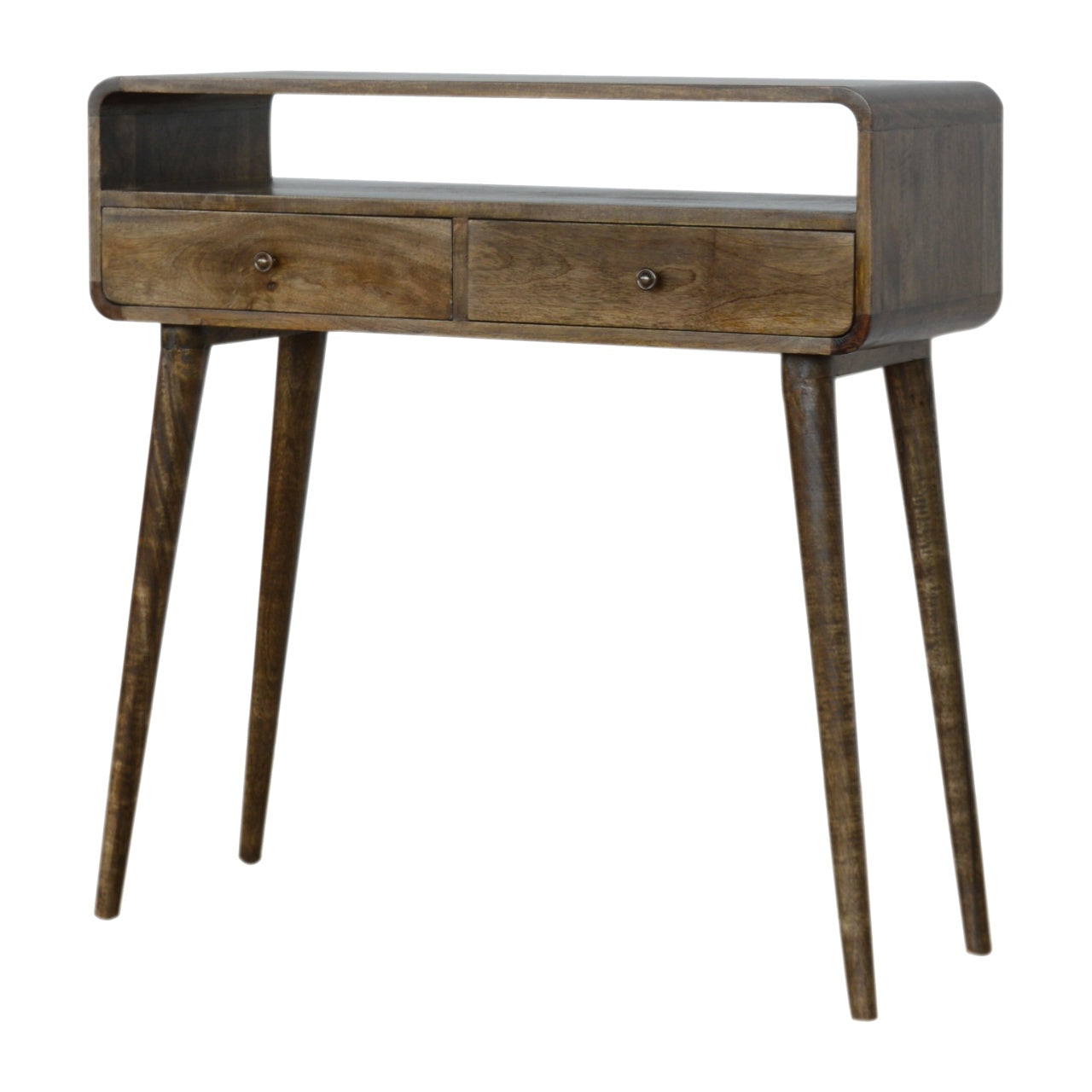 Curved Grey-Wash Console Table with 2 Drawers and Open Shelf, Handmade Solid Wood, Nordic Style