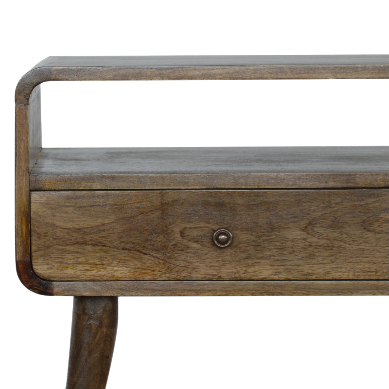Curved Grey-Wash Console Table with 2 Drawers and Open Shelf, Handmade Solid Wood, Nordic Style