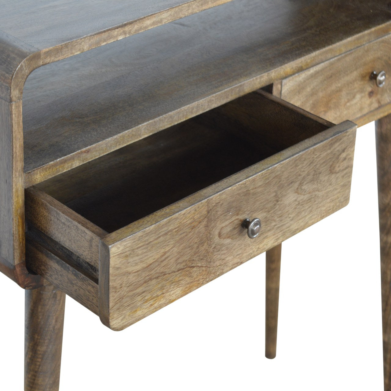 Curved Grey-Wash Console Table with 2 Drawers and Open Shelf, Handmade Solid Wood, Nordic Style