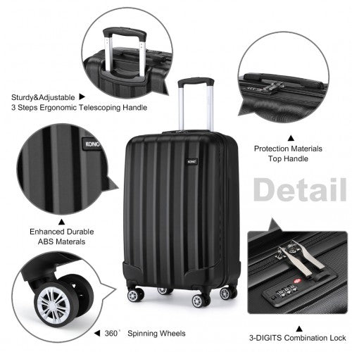 Kono 19 Inch Cabin Size ABS Hard Shell Luggage with Vertical Stripes - Ideal for Carry - On - Black