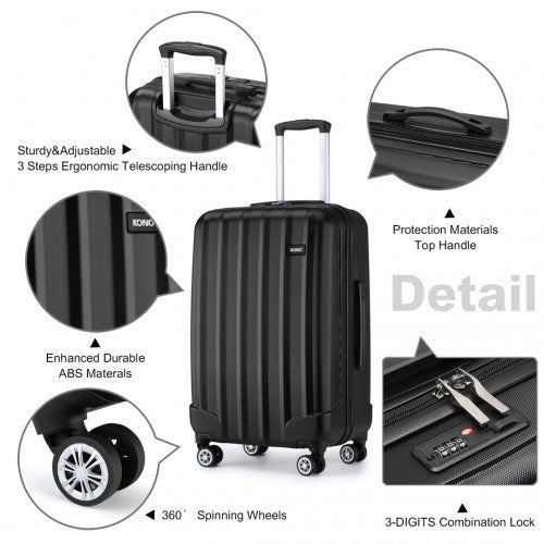 Kono 28 Inch Striped ABS Hard Shell Luggage with 360 - Degree Spinner Wheels - Black