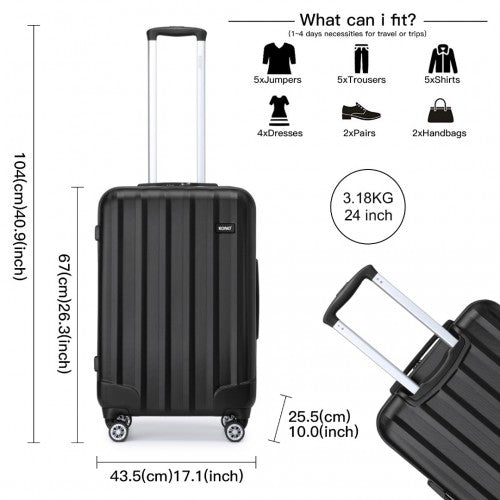Kono 24 Inch Striped ABS Hard Shell Luggage with 360 - Degree Spinner Wheels - Black