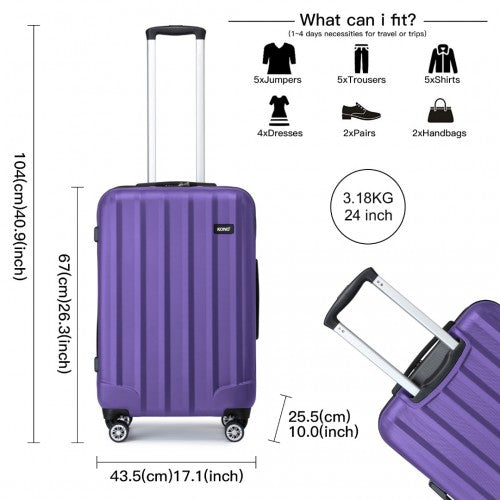 Kono 19/24/28 Inch 3 Piece Set Striped ABS Hard Shell Luggage with 360 - Degree Spinner Wheels - Purple