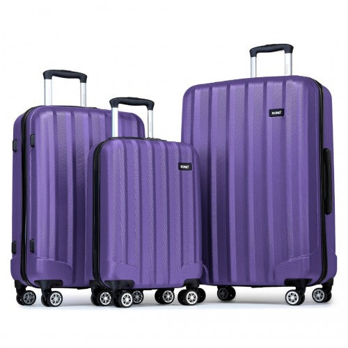 Kono 19/24/28 Inch 3 Piece Set Striped ABS Hard Shell Luggage with 360 - Degree Spinner Wheels - Purple