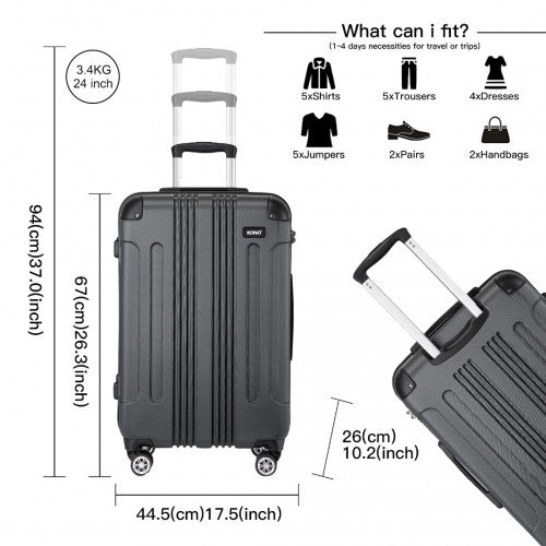 Kono 24 Inch ABS Lightweight Compact Hard Shell Travel Luggage For Extended Journeys - Grey