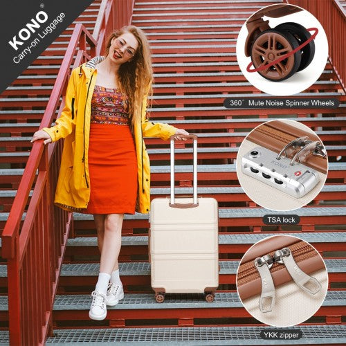 Kono ABS 4 Wheel Suitcase Set With Vanity Case And Weekend Bag And Toiletry Bag - Dark Beige and Brown