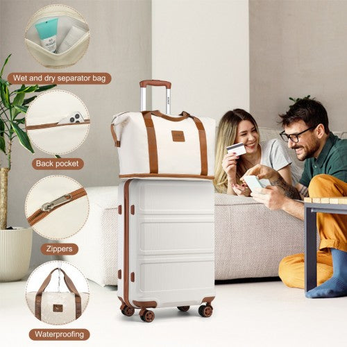 Kono 6 Piece ABS Suitcase Set With 4 Wheel Design Including Vanity Case Weekend Bag And Toiletry Bag - Cream