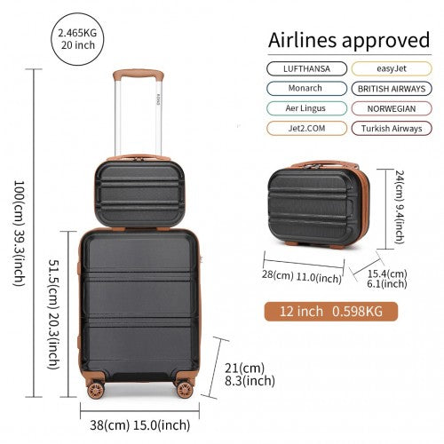 Kono ABS 4 Wheel Suitcase Set with Vanity Case - Black And Brown
