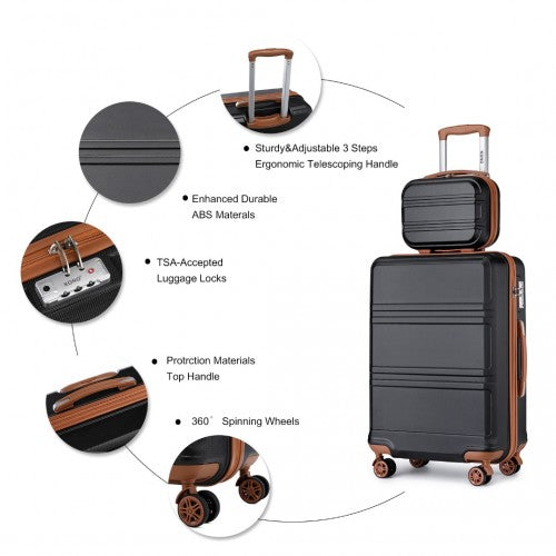 Kono ABS 4 Wheel Suitcase Set with Vanity Case - Black And Brown