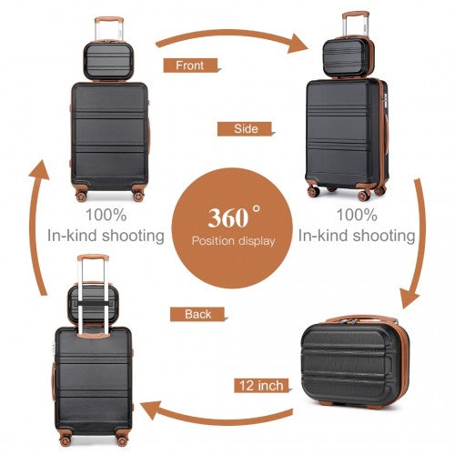 Kono ABS 4 Wheel Suitcase Set with Vanity Case - Black And Brown