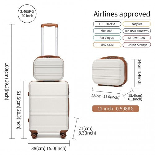 Kono ABS 4 Wheel Suitcase Set with Vanity Case - Cream