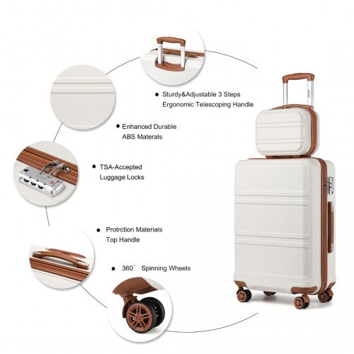 Kono ABS 4 Wheel Suitcase Set with Vanity Case - Cream