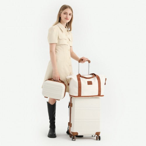 Kono ABS 4 Wheel Suitcase Set With Vanity Case And Weekend Bag And Toiletry Bag - Cream