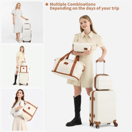Kono ABS 4 Wheel Suitcase Set With Vanity Case And Weekend Bag And Toiletry Bag - Cream