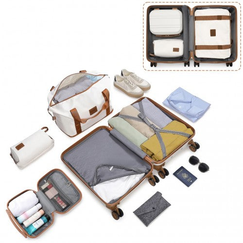 Kono ABS 4 Wheel Suitcase Set With Vanity Case And Weekend Bag And Toiletry Bag - Cream