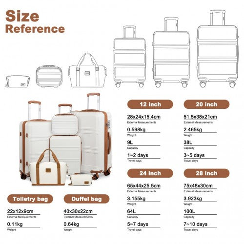 Kono 6 Piece ABS Suitcase Set With 4 Wheel Design Including Vanity Case Weekend Bag And Toiletry Bag - Cream