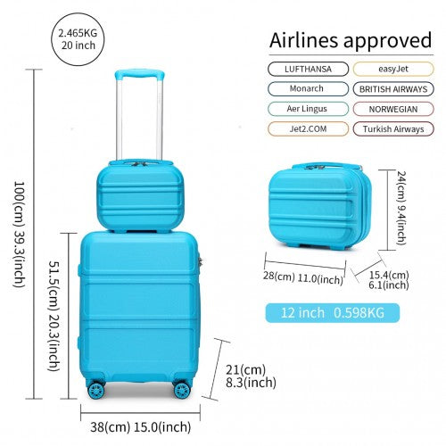 Kono ABS 4 Wheel Suitcase Set with Vanity Case - Blue