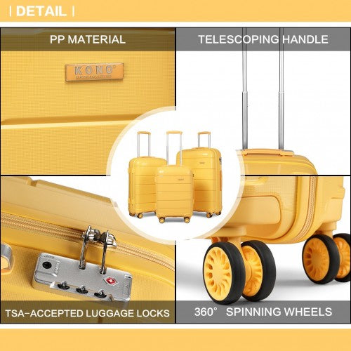 KONO 20 - 24 - 28" HARD SHELL PP SUITCASE SET - YELLOW