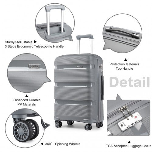 Kono Bright Hard Shell PP Suitcase With TSA Lock And Vanity Case 4 Pieces Set - Classic Collection - Grey