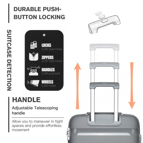 Kono 24 Inch Bright Hard Shell PP Suitcase - Classic Collection - Grey