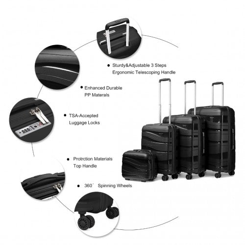 Kono Lightweight Polypropylene Hard Shell 4 Piece Suitcase Set With TSA Lock And Vanity Case - Black