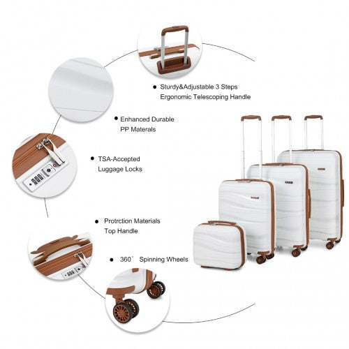 Kono Lightweight Polypropylene Hard Shell 4 Piece Suitcase Set With TSA Lock And Vanity Case - Cream
