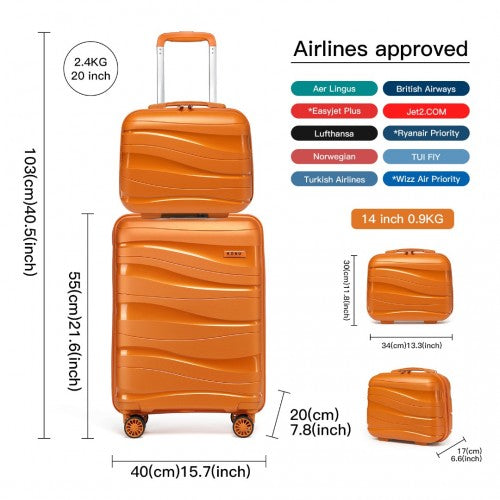 Kono 14/20 Inch Lightweight Polypropylene Hard Shell 2 Piece Suitcase Set With TSA Lock And Vanity Case - Orange