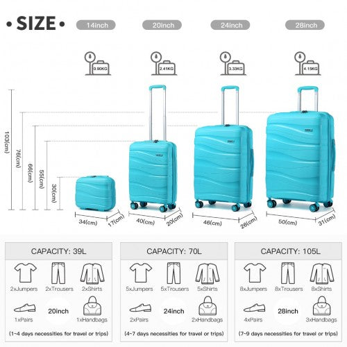 Kono Lightweight Polypropylene Hard Shell 4 Piece Suitcase Set With TSA Lock And Vanity Case - Blue