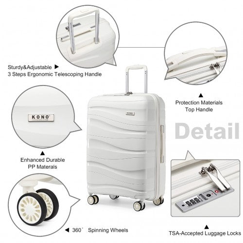 Kono 24 Inch Lightweight Polypropylene Hard Shell Suitcase With TSA Lock - Cream White