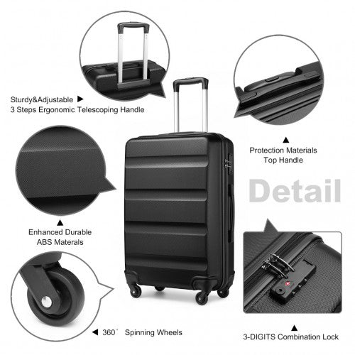 Kono 3 - Piece Lightweight ABS Hardshell Suitcase Set - 19, 24, 28 Inch with Secure TSA Lock - Black