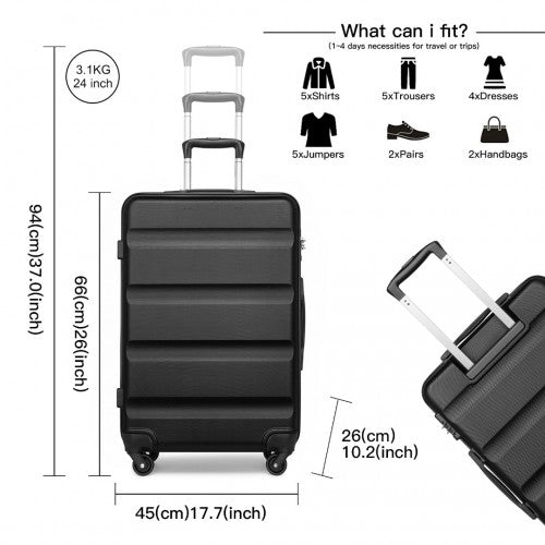 Kono 3 - Piece Lightweight ABS Hardshell Suitcase Set - 19, 24, 28 Inch with Secure TSA Lock - Black