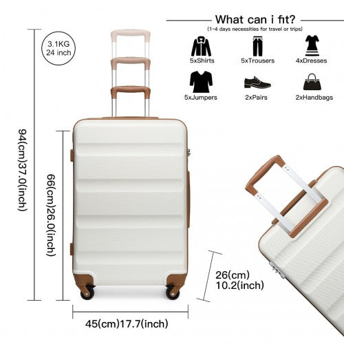 Kono 24 Inch Check in Luggage - Streamlined ABS Hardshell Suitcase with Secure TSA Lock - Cream