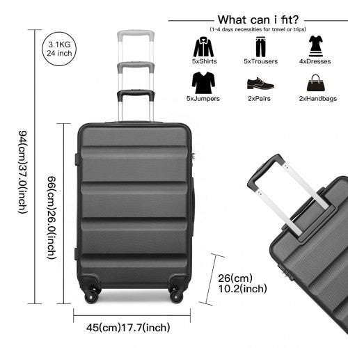 Kono 24 Inch Check in Luggage - Streamlined ABS Hardshell Suitcase with Secure TSA Lock - Grey