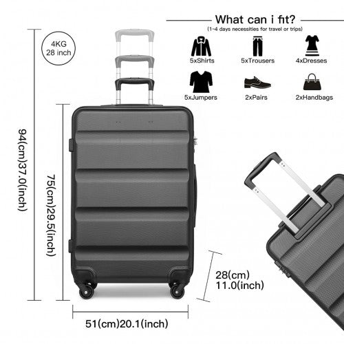 Kono 28 Inch Check in Luggage - Streamlined ABS Hardshell Suitcase with Secure TSA Lock - Grey