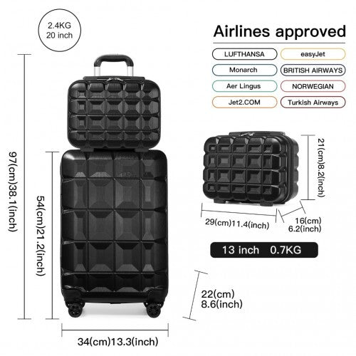 Kono 13/20 Inch Lightweight Hard Shell ABS Cabin Suitcase With TSA Lock And Vanity Case - Black