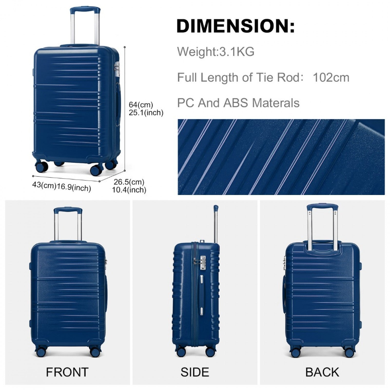 British Traveller 24 Inch Durable Polycarbonate and ABS Hard Shell Suitcase With TSA Lock - Navy