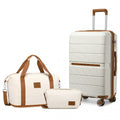 K2392L+S2366 - British Traveller 20 Inch Multi - Texture Polypropylene Cabin Size Suitcase 3 Piece Travel Set with Travel Tote and Cosmetic Pouch - Cream