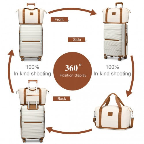K2392L+S2366 - British Traveller 20 Inch Multi - Texture Polypropylene Cabin Size Suitcase 3 Piece Travel Set with Travel Tote and Cosmetic Pouch - Cream