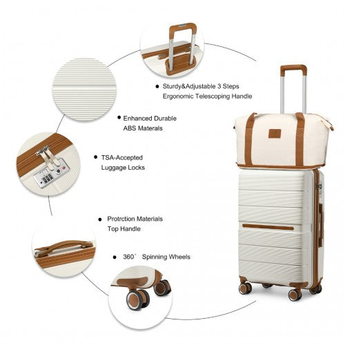 K2392L+S2366 - British Traveller 20 Inch Multi - Texture Polypropylene Cabin Size Suitcase 3 Piece Travel Set with Travel Tote and Cosmetic Pouch - Cream