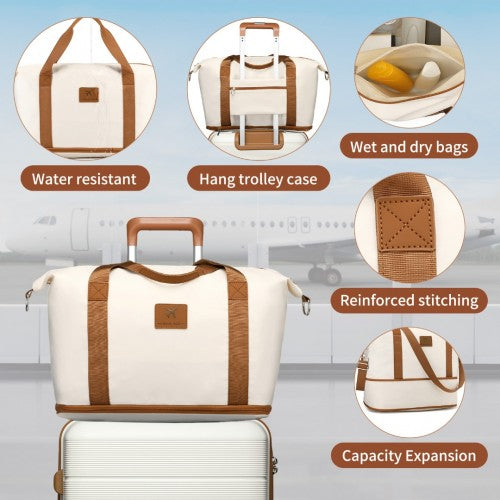 K2392L+S2366 - British Traveller 20 Inch Multi - Texture Polypropylene Cabin Size Suitcase 3 Piece Travel Set with Travel Tote and Cosmetic Pouch - Cream